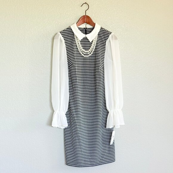 Preppy Houndstooth Collared Sheer Sleeve Pearl Necklace Sheath Dress Size 6 NWT - Picture 9 of 14